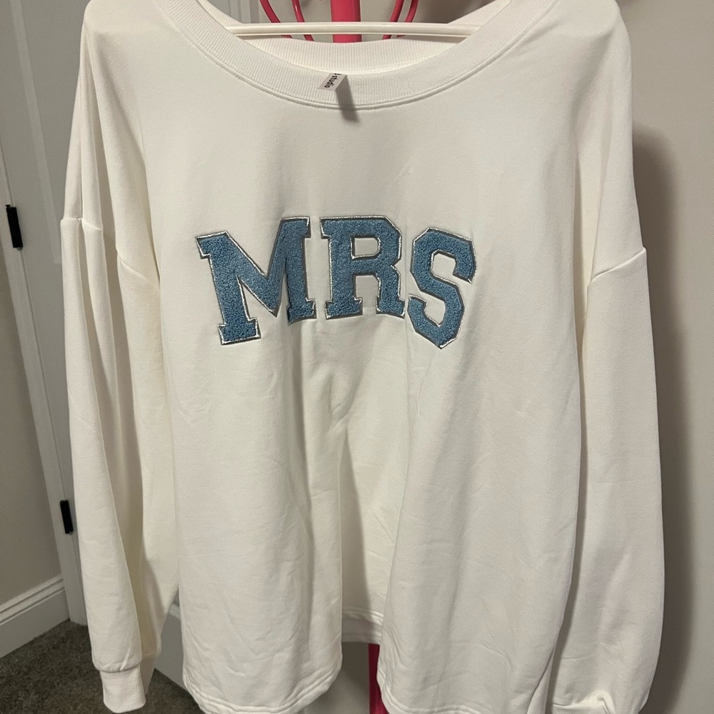 NEW White Sweatshirt with Blue 'MRS' Letters